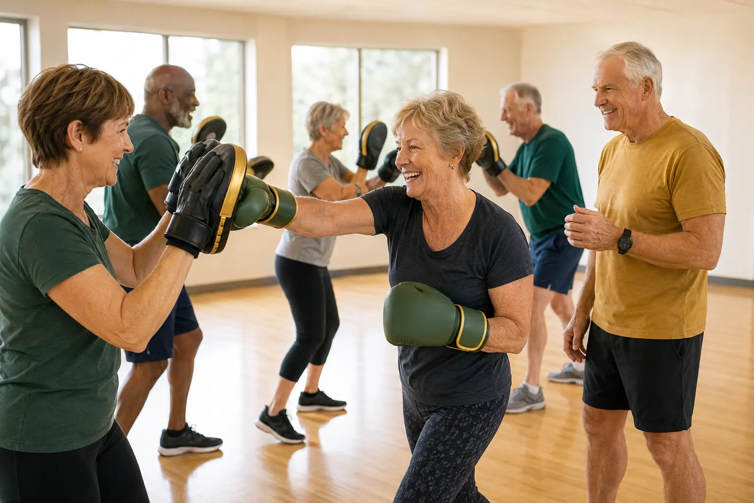 Class participants enjoying a welcoming, non-contact Cardio Kickboxing class