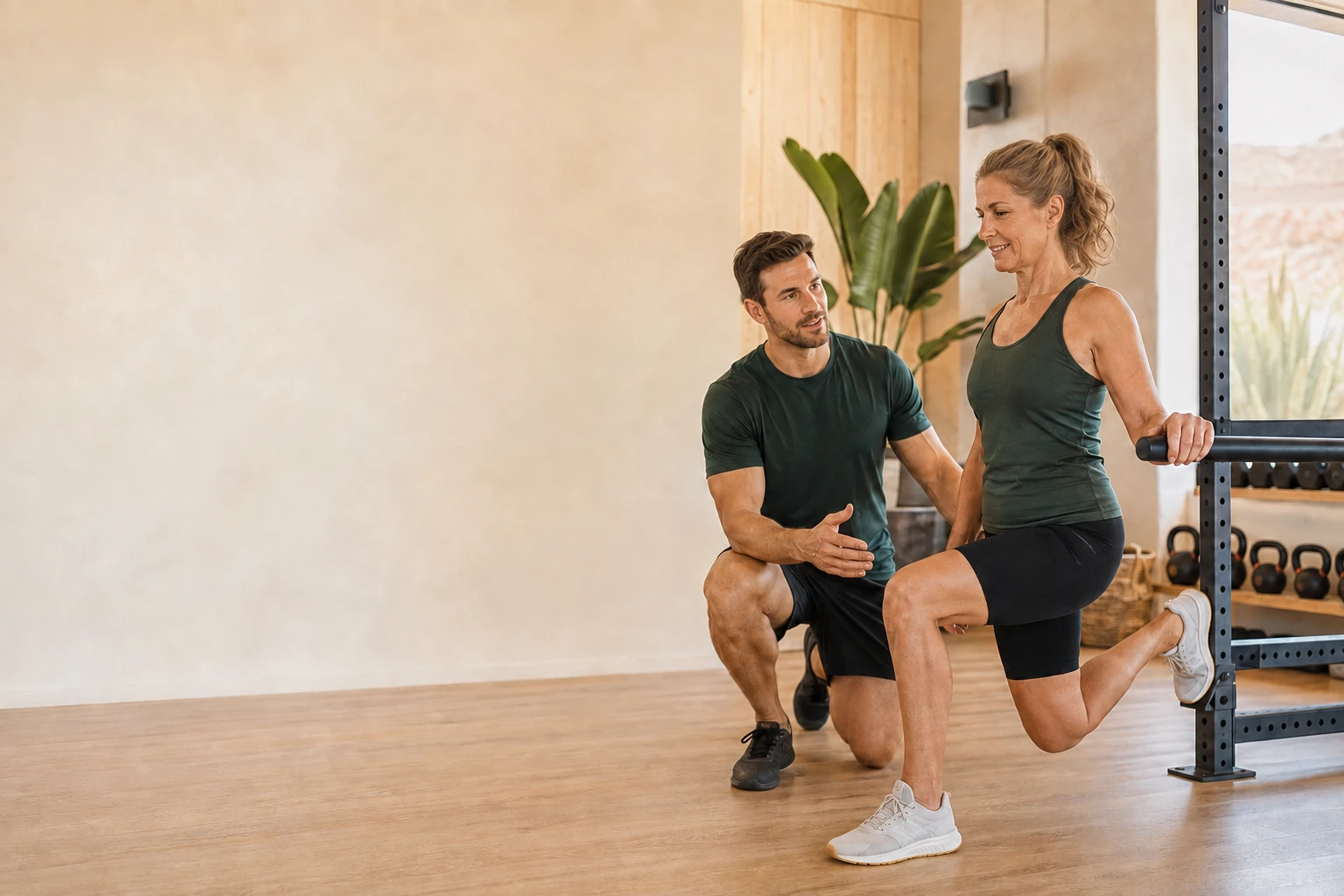 A personal trainer coaches a woman through a controlled strength exercise